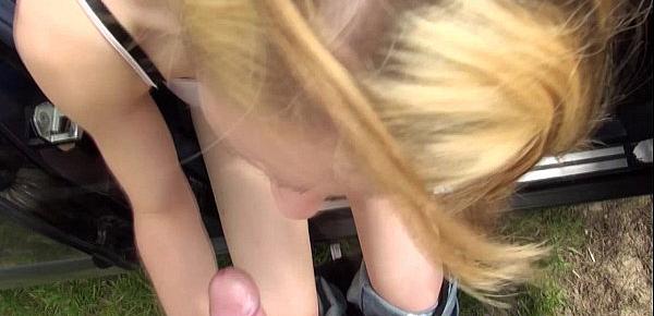  Hitch hiking blonde teen fucked on car